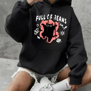 Fasulye dolu kedi baskılar tişörtü kadın temelleri bisiklet yaka kapüşonlular rahat gevşek ka