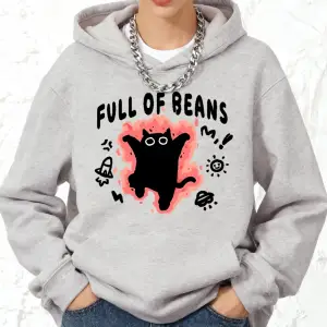 Fasulye Dolu Kedi Baskılı Kapüşonlu Üstler Pamuklu Kadın Eşofman Cepli Kazaklar Sportif Bol S