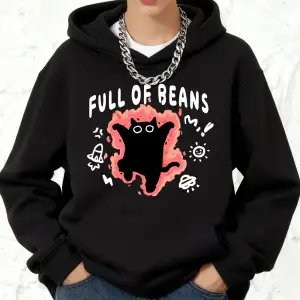 Fasulye Dolu Kedi Baskılı Kapüşonlu Üstler Pamuklu Kadın Eşofman Cepli Kazaklar Sportif Bol S