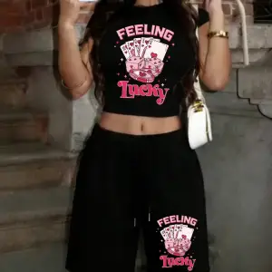 Feeling Lucky Poker Baskılı Babby Teelar Pantolonlar Günlük İki Parçalı Set Tişört Şort Yazlık