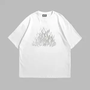 Flame Taş Baskılı Oversize Unisex Beyaz