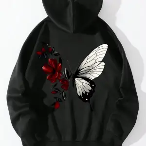 Floral & Butterfly Print Drawstring Lined Hoodie Siyah
