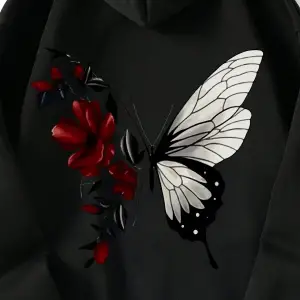 Floral & Butterfly Print Drawstring Lined Hoodie Siyah