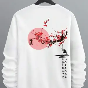 Floral & Japanese Letter Graphic Sweatshirt Beyaz
