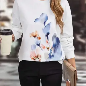 Floral Print Drop Shoulder Sweatshirt Beyaz