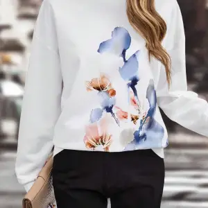 Floral Print Drop Shoulder Sweatshirt Beyaz