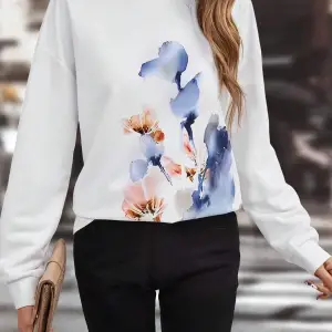 Floral Print Drop Shoulder Sweatshirt Beyaz