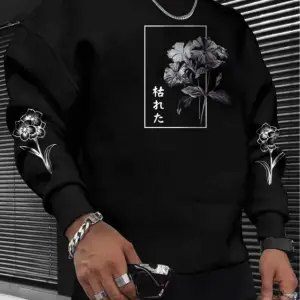Flower Oversize Bisiklet Yaka Pamuklu Sweatshirt Siyah