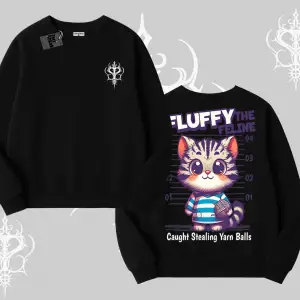 Fluffy The Feline Yazılı Sevimli Kedi Arka Baskılı Biskilet Sweatshirt