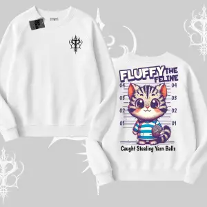 Fluffy The Feline Yazılı Sevimli Kedi Arka Baskılı Biskilet Sweatshirt