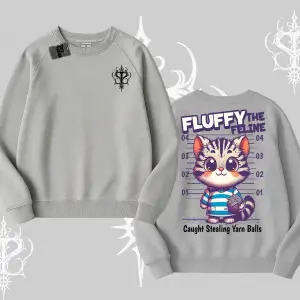 Fluffy The Feline Yazılı Sevimli Kedi Arka Baskılı Biskilet Sweatshirt