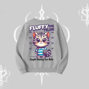 Fluffy The Feline Yazılı Sevimli Kedi Arka Baskılı Biskilet Sweatshirt