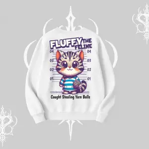 Fluffy The Feline Yazılı Sevimli Kedi Arka Baskılı Biskilet Sweatshirt