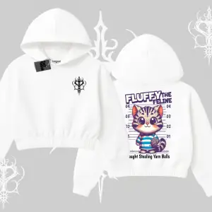 Fluffy The Feline Yazılı Sevimli Kedi Arka Baskılı Kapşonlu Crop Sweatshirt