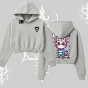 Fluffy The Feline Yazılı Sevimli Kedi Arka Baskılı Kapşonlu Crop Sweatshirt