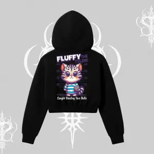 Fluffy The Feline Yazılı Sevimli Kedi Arka Baskılı Kapşonlu Crop Sweatshirt
