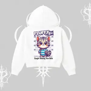 Fluffy The Feline Yazılı Sevimli Kedi Arka Baskılı Kapşonlu Crop Sweatshirt