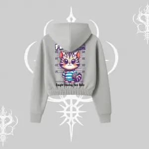 Fluffy The Feline Yazılı Sevimli Kedi Arka Baskılı Kapşonlu Crop Sweatshirt