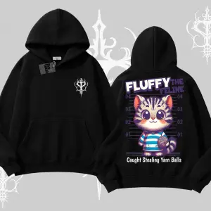 Fluffy The Feline Yazılı Sevimli Kedi Arka Baskılı Kapşonlu Sweatshirt