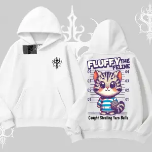 Fluffy The Feline Yazılı Sevimli Kedi Arka Baskılı Kapşonlu Sweatshirt