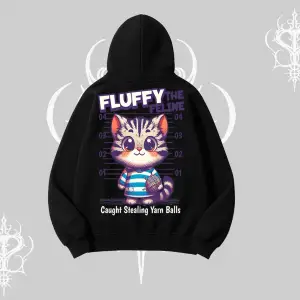 Fluffy The Feline Yazılı Sevimli Kedi Arka Baskılı Kapşonlu Sweatshirt