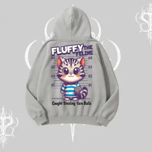 Fluffy The Feline Yazılı Sevimli Kedi Arka Baskılı Kapşonlu Sweatshirt