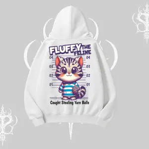 Fluffy The Feline Yazılı Sevimli Kedi Arka Baskılı Kapşonlu Sweatshirt