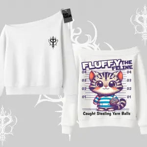 Fluffy The Feline Yazılı Sevimli Kedi Arka Baskılı Kayık Yaka Sweatshirt