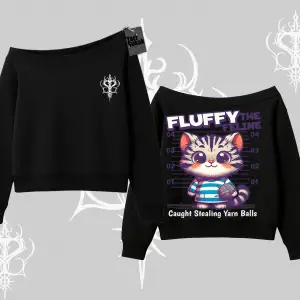Fluffy The Feline Yazılı Sevimli Kedi Arka Baskılı Kayık Yaka Sweatshirt