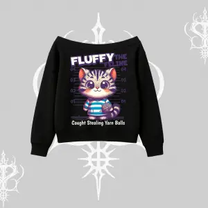 Fluffy The Feline Yazılı Sevimli Kedi Arka Baskılı Kayık Yaka Sweatshirt