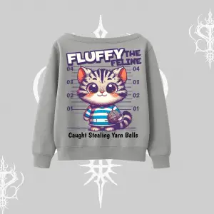 Fluffy The Feline Yazılı Sevimli Kedi Arka Baskılı Kayık Yaka Sweatshirt