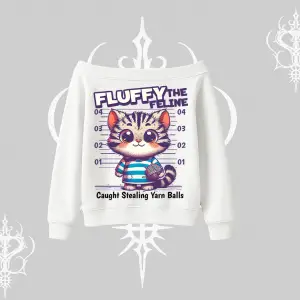 Fluffy The Feline Yazılı Sevimli Kedi Arka Baskılı Kayık Yaka Sweatshirt