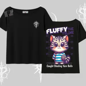 Fluffy The Feline Yazılı Sevimli Kedi Arka Baskılı Kayık Yaka Tshirt