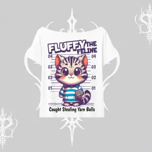 Fluffy The Feline Yazılı Sevimli Kedi Arka Baskılı Kayık Yaka Tshirt