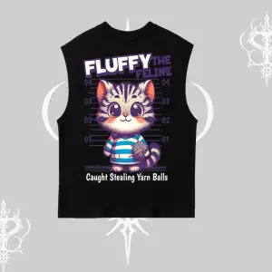 Fluffy The Feline Yazılı Sevimli Kedi Arka Baskılı Kolsuz Tshirt