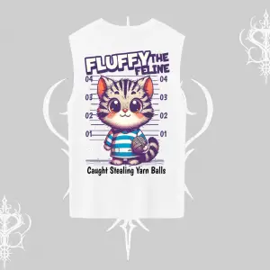 Fluffy The Feline Yazılı Sevimli Kedi Arka Baskılı Kolsuz Tshirt