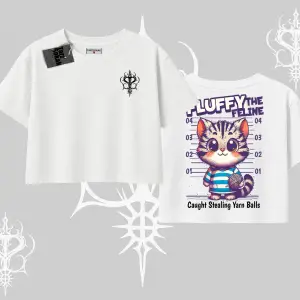 Fluffy The Feline Yazılı Sevimli Kedi Arka Baskılı Oversize Crop Tshirt