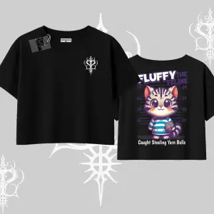 Fluffy The Feline Yazılı Sevimli Kedi Arka Baskılı Oversize Crop Tshirt