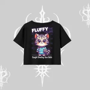 Fluffy The Feline Yazılı Sevimli Kedi Arka Baskılı Oversize Crop Tshirt