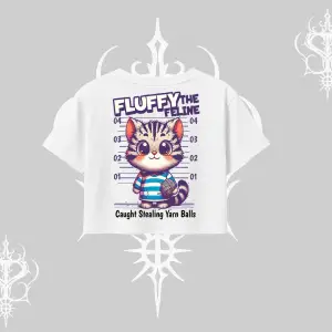 Fluffy The Feline Yazılı Sevimli Kedi Arka Baskılı Oversize Crop Tshirt
