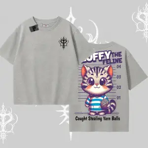 Fluffy The Feline Yazılı Sevimli Kedi Arka Baskılı Oversize Tshirt