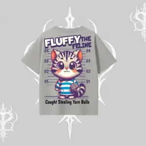 Fluffy The Feline Yazılı Sevimli Kedi Arka Baskılı Oversize Tshirt