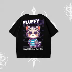 Fluffy The Feline Yazılı Sevimli Kedi Arka Baskılı Oversize Tshirt