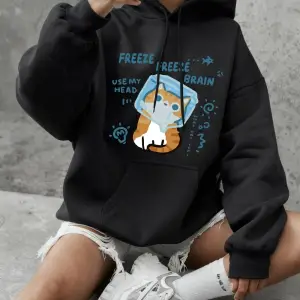 Freeze Freeze Brain Cat Baskılı Kapüşonlu Üstler Kadınlar İçin Basic Bisiklet Yaka Sweatshirt