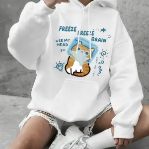 Freeze Freeze Brain Cat Baskılı Kapüşonlu Üstler Kadınlar İçin Basic Bisiklet Yaka Sweatshirt
