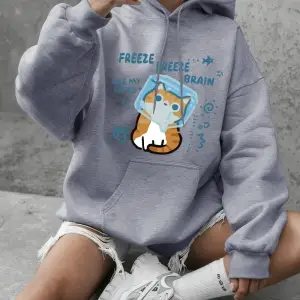 Freeze Freeze Brain Cat Baskılı Kapüşonlu Üstler Kadınlar İçin Basic Bisiklet Yaka Sweatshirt