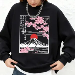 Fuji Dağı Kiraz Çiçekleri Baskılı Kadın Sweatshirtleri Kışlık Büyük Beden Kapüşonlu Spor Bisi