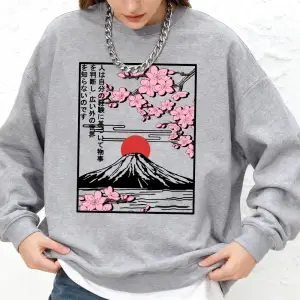 Fuji Dağı Kiraz Çiçekleri Baskılı Kadın Sweatshirtleri Kışlık Büyük Beden Kapüşonlu Spor Bisi