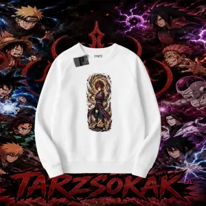 Gaara Naruto Anime Karakteri Oversize Unisex Bisiklet Yaka Sweatshirt Beyaz