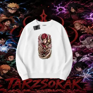 Gaara Naruto Anime Karakteri Oversize Unisex Bisiklet Yaka Sweatshirt Beyaz